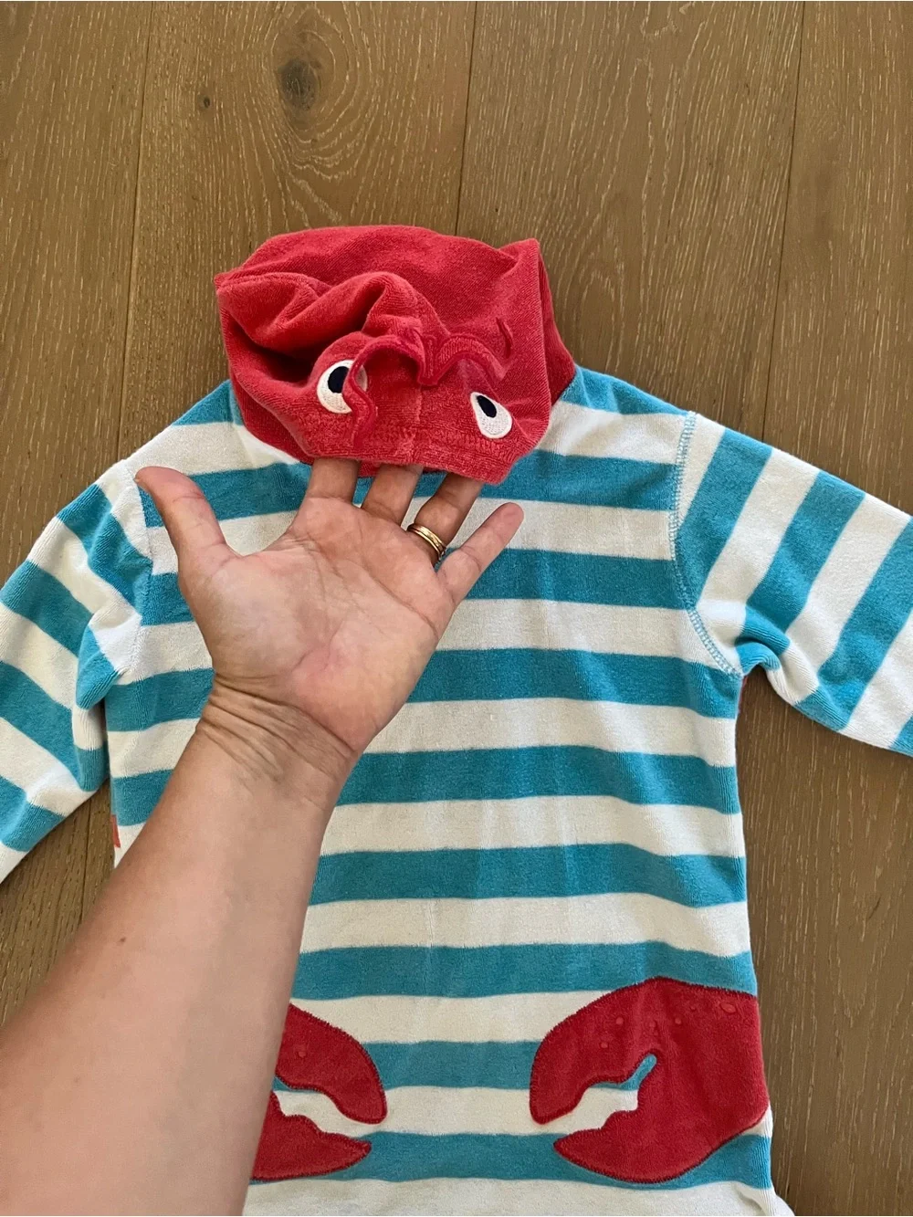 Mini Boden Blue and White Striped Hooded Swim Coverup with Red Accents